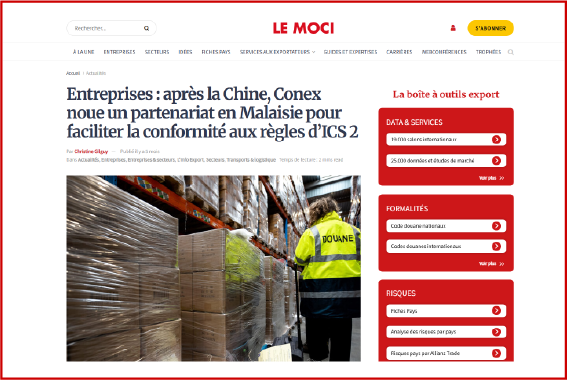 La mise en place de la nouvelle procédure numérique de contrôle des importations aux frontières de l’Union européenne, ICS 2, pousse l’éditeur de logiciels douaniers Conex à multiplier les partenariats en Asie. Après la Chine, la Malaisie.